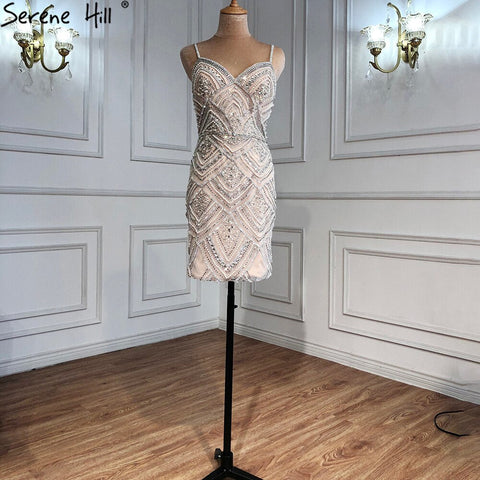 Vestidos de cóctel cortos color plata nude 2025 con cuentas y diamantes, sexys para mujer, para fiesta LA70879 
