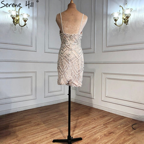 Vestidos de cóctel cortos color plata nude 2025 con cuentas y diamantes, sexys para mujer, para fiesta LA70879 
