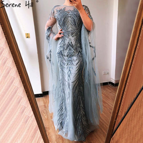 Grey Mermaid Luxury Evening Dresses Gowns 2025 Long Sleeves Beading Elegant For Women Party LA70576