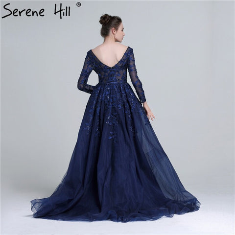 Sale 2025 Dark Blue Deep-V Tulle Evening Dresses Newest Long Sleeve Appliques Sequined Gowns LA6099