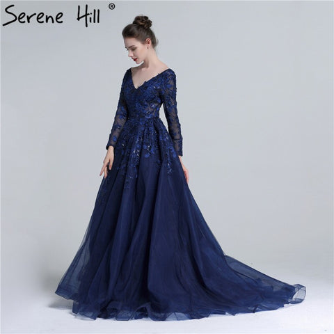Sale 2025 Dark Blue Deep-V Tulle Evening Dresses Newest Long Sleeve Appliques Sequined Gowns LA6099