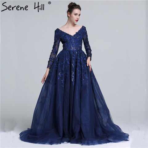 Sale 2025 Dark Blue Deep-V Tulle Evening Dresses Newest Long Sleeve Appliques Sequined Gowns LA6099