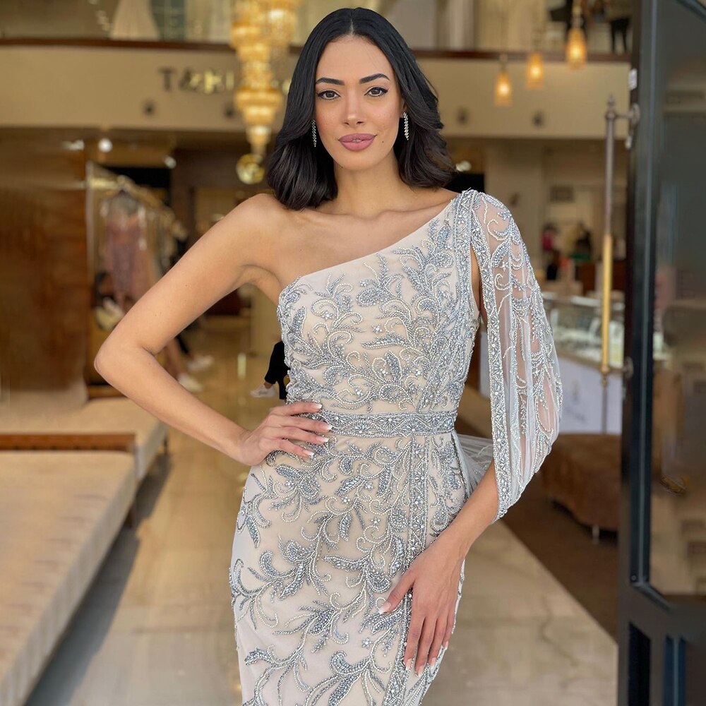 Vestido de noche gris nude de un solo hombro, elegante y con cuentas, estilo sirena, para mujer, ideal para fiestas (LA71886) 