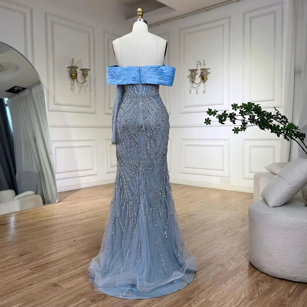 Vestido largo de noche sirena con cuello barco azul árabe 2025 - Elegante vestido con cuentas para fiesta de mujer LA72369 