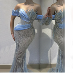 Vestido largo de noche sirena con cuello barco azul árabe 2025 - Elegante vestido con cuentas para fiesta de mujer LA72369 