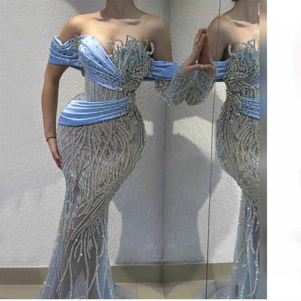Vestido largo de noche sirena con cuello barco azul árabe 2025 - Elegante vestido con cuentas para fiesta de mujer LA72369 