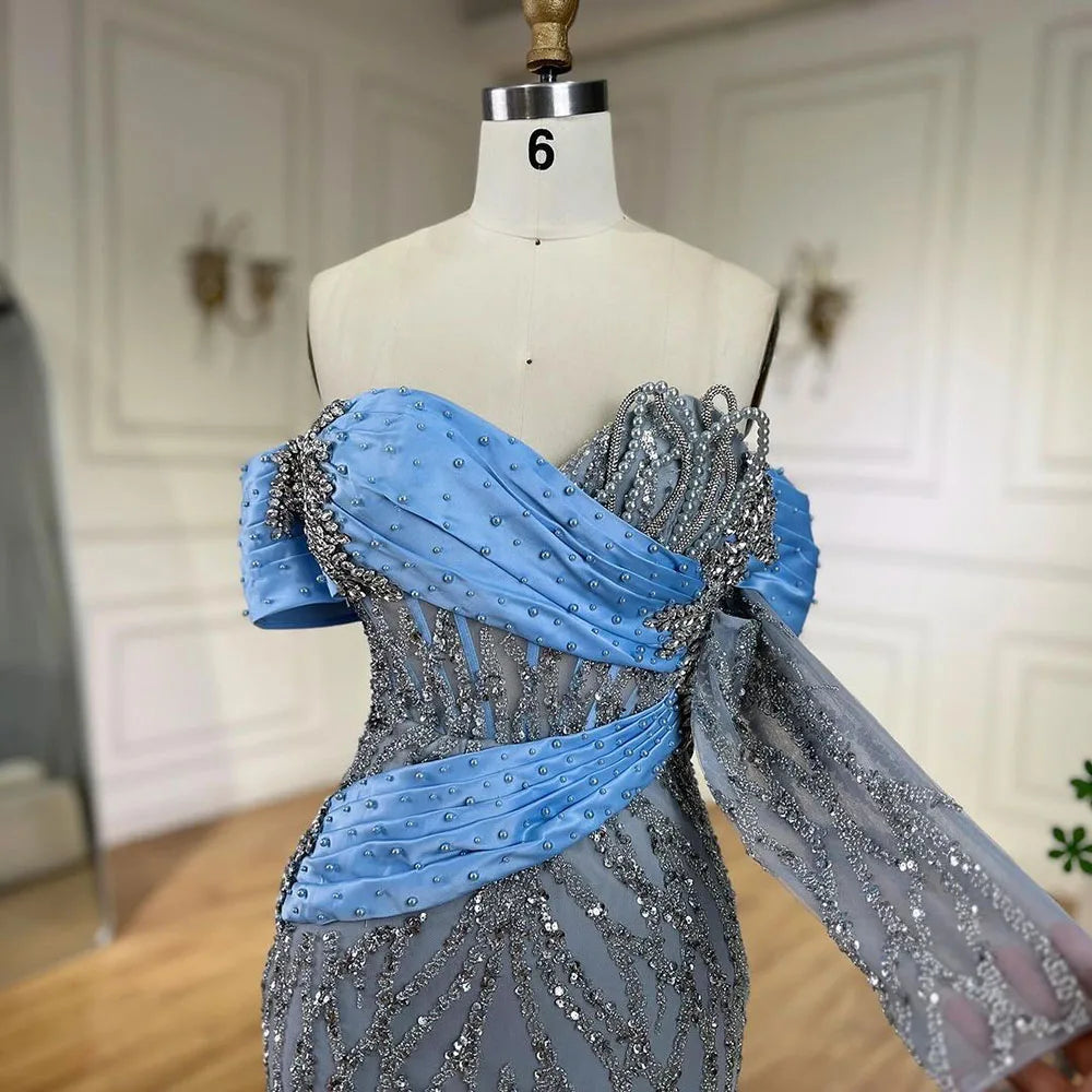Vestido largo de noche sirena con cuello barco azul árabe 2025 - Elegante vestido con cuentas para fiesta de mujer LA72369 