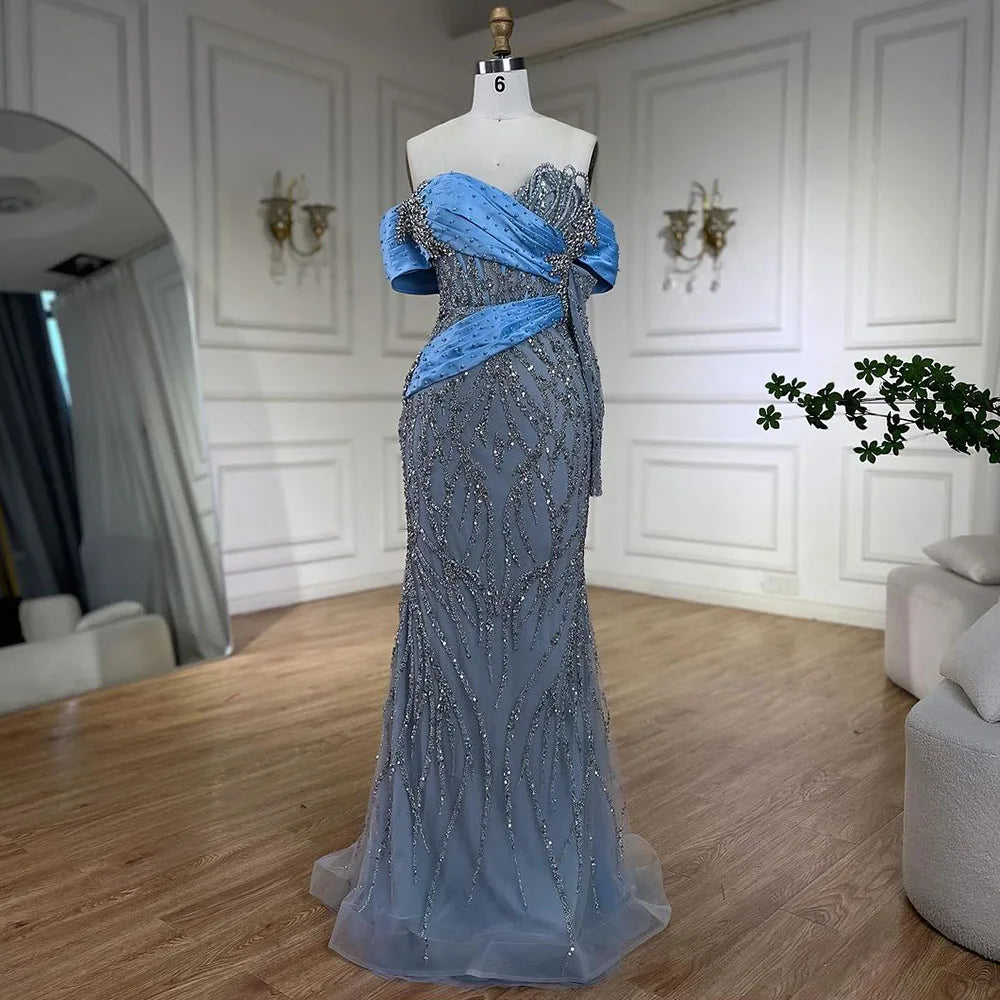 Vestido largo de noche sirena con cuello barco azul árabe 2025 - Elegante vestido con cuentas para fiesta de mujer LA72369 