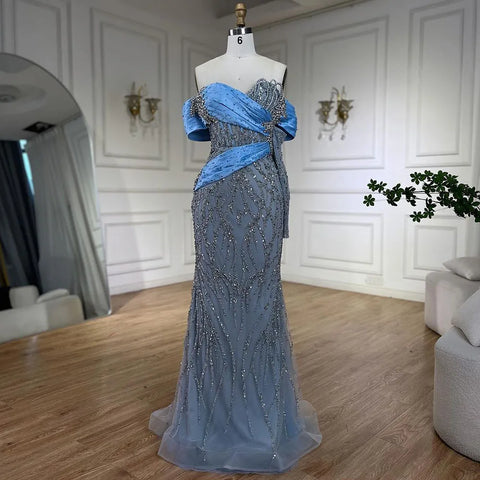 Robe de soirée longue style sirène bleu arabe 2025, col bateau, élégante robe perlée pour femme, LA72369 