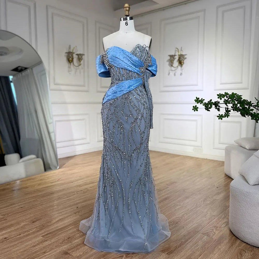 Vestido largo de noche sirena con cuello barco azul árabe 2025 - Elegante vestido con cuentas para fiesta de mujer LA72369 
