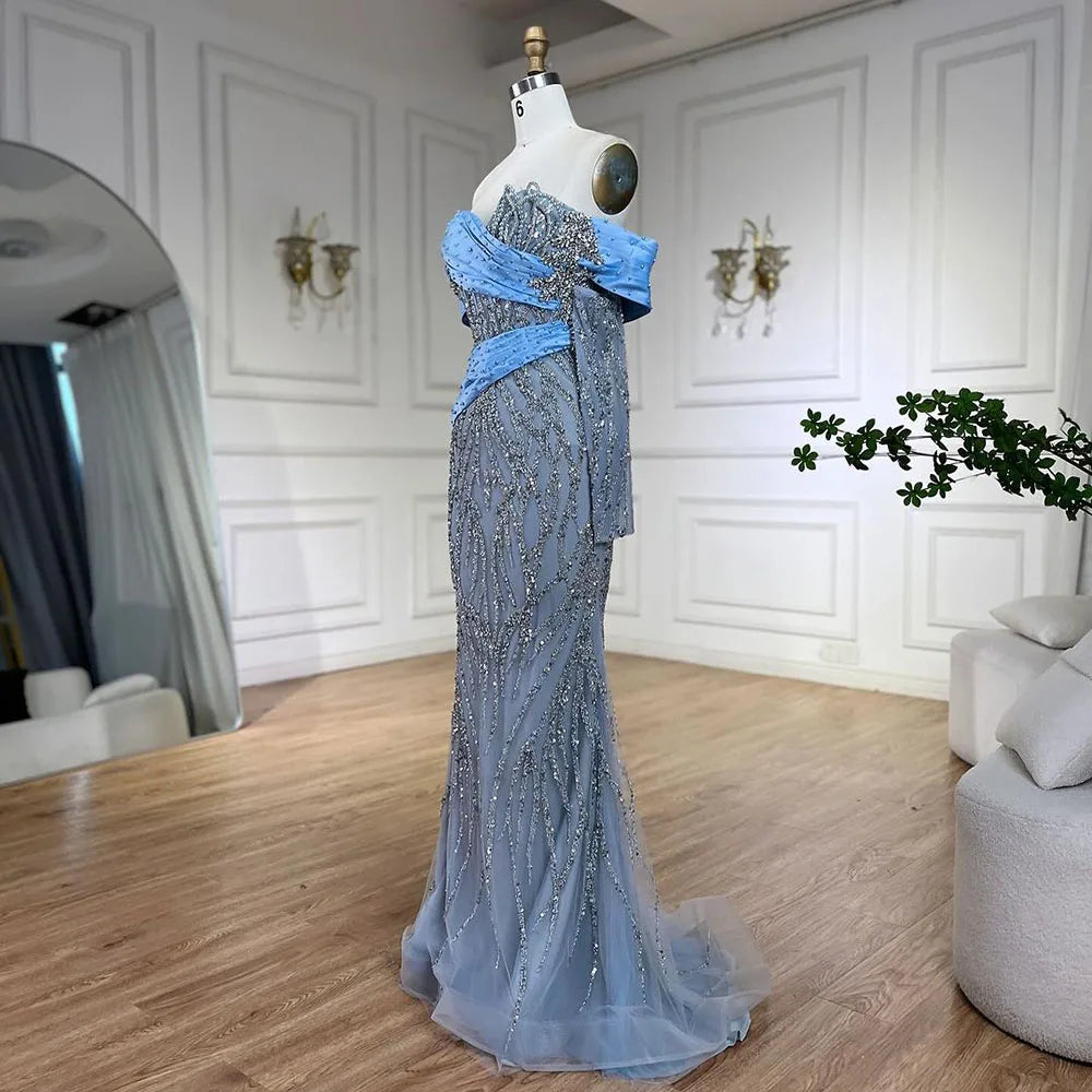 Vestido largo de noche sirena con cuello barco azul árabe 2025 - Elegante vestido con cuentas para fiesta de mujer LA72369 