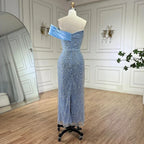 Vestido de noche de sirena azul árabe de un solo hombro, vestido de lujo con cuentas para fiesta de mujer LA72370 