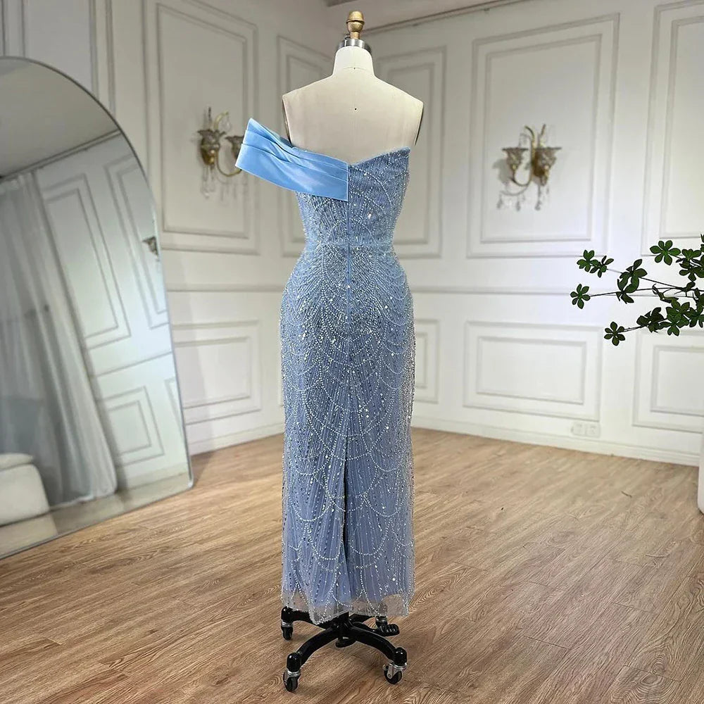 Vestido de noche de sirena azul árabe de un solo hombro, vestido de lujo con cuentas para fiesta de mujer LA72370 