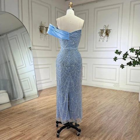 Robe de soirée sirène asymétrique bleu arabe 2025, luxueuse robe de soirée avec perles, pour femme, LA72370 