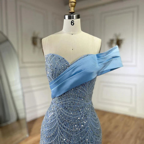 Robe de soirée sirène asymétrique bleu arabe 2025, luxueuse robe de soirée avec perles, pour femme, LA72370 