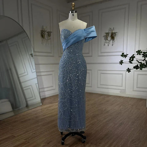 Robe de soirée sirène asymétrique bleu arabe 2025, luxueuse robe de soirée avec perles, pour femme, LA72370 