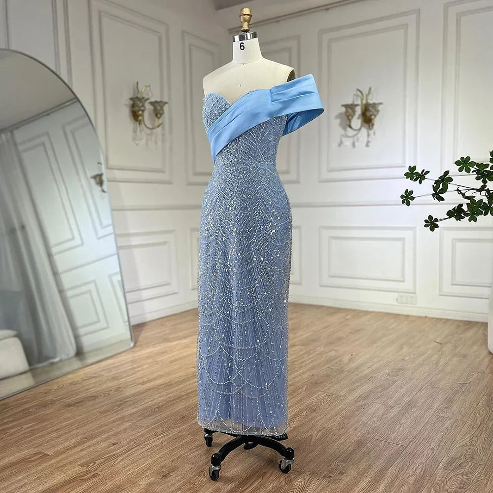 Vestido de noche de sirena azul árabe de un solo hombro, vestido de lujo con cuentas para fiesta de mujer LA72370 