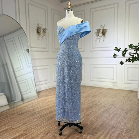 Robe de soirée sirène asymétrique bleu arabe 2025, luxueuse robe de soirée avec perles, pour femme, LA72370 