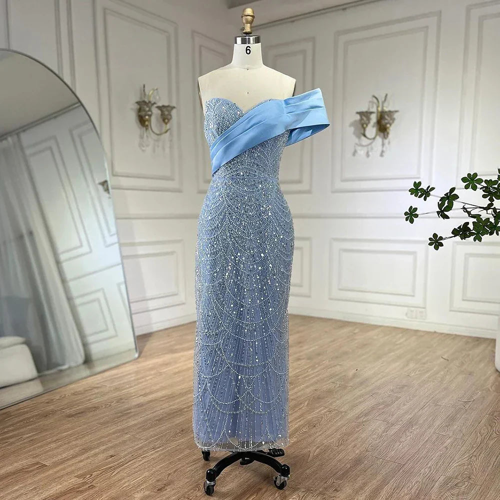 Vestido de noche de sirena azul árabe de un solo hombro, vestido de lujo con cuentas para fiesta de mujer LA72370 