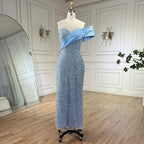 Vestido de noche de sirena azul árabe de un solo hombro, vestido de lujo con cuentas para fiesta de mujer LA72370 