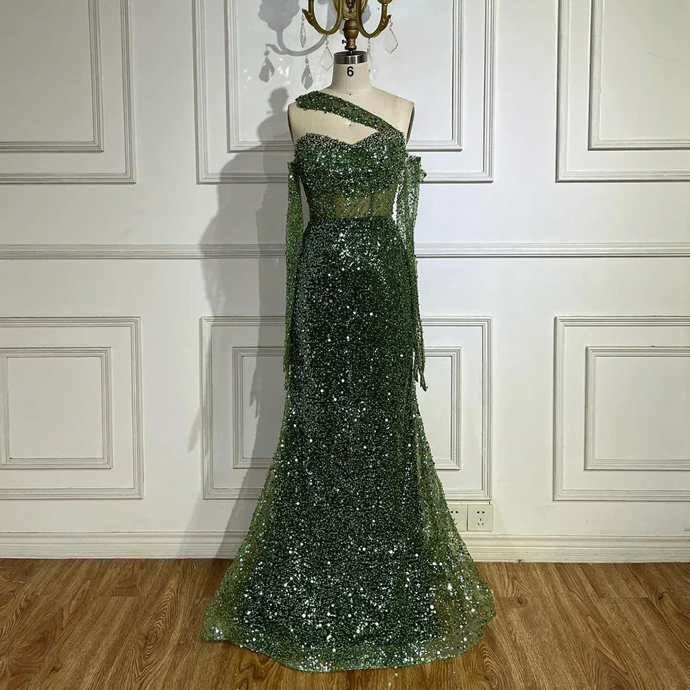 Vestido de noche sirena de un solo hombro color nude árabe 2025, elegante y lujoso, con cuentas, para fiestas de mujer LA72365 