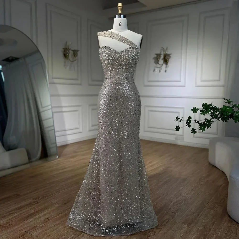 Vestido de noche sirena de un solo hombro color nude árabe 2025, elegante y lujoso, con cuentas, para fiestas de mujer LA72365 