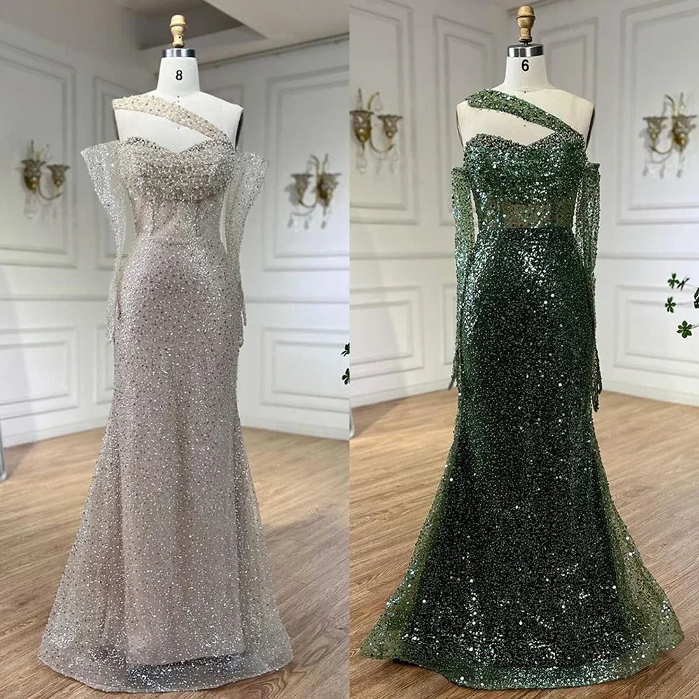 Vestido de noche sirena de un solo hombro color nude árabe 2025, elegante y lujoso, con cuentas, para fiestas de mujer LA72365 