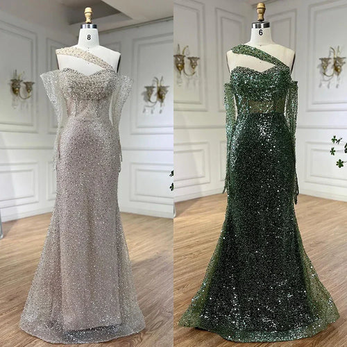 Vestido de noche sirena de un solo hombro color nude árabe 2025, elegante y lujoso, con cuentas, para fiestas de mujer LA72365 