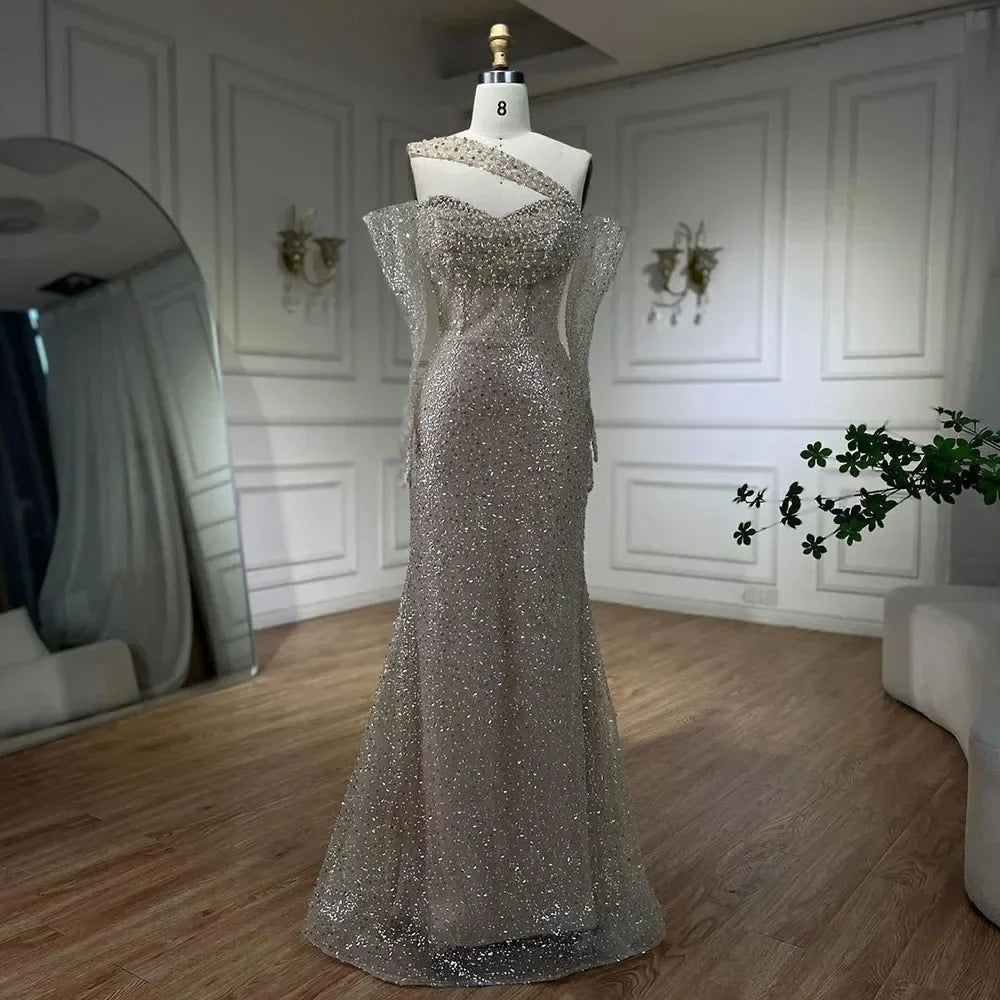 Vestido de noche sirena de un solo hombro color nude árabe 2025, elegante y lujoso, con cuentas, para fiestas de mujer LA72365 