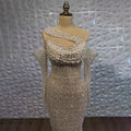 Vestido de noche sirena blanco nude árabe de un solo hombro 2025 - Elegante vestido de lujo con cuentas para fiestas de mujer LA7236 