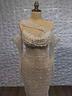 Vestido de noche sirena blanco nude árabe de un solo hombro 2025 - Elegante vestido de lujo con cuentas para fiestas de mujer LA7236 