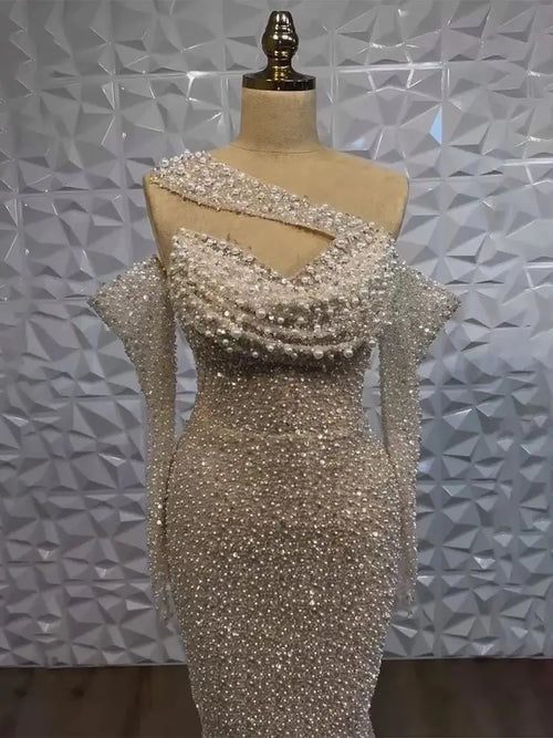 Vestido de noche sirena blanco nude árabe de un solo hombro 2025 - Elegante vestido de lujo con cuentas para fiestas de mujer LA7236 