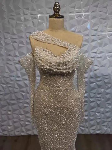 Robe de soirée sirène asymétrique blanche nude 2025 - Robe de luxe élégante avec perles pour soirée femme LA7236 