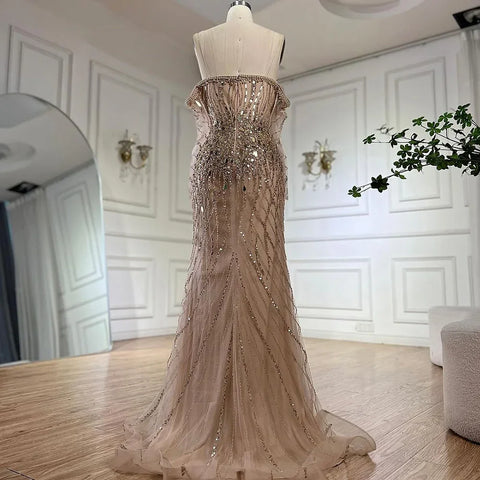 Robe de soirée de luxe style sirène dorée Arabia 2025, épaules dénudées, perles, Dubaï, pour femmes, fête de mariage, LA72404 