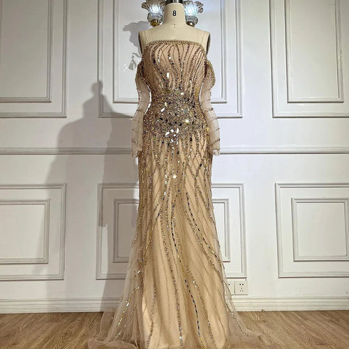 Vestidos de noche de lujo estilo sirena con cuentas doradas, estilo Dubai, para mujer, modelo LA72404 (2025) 