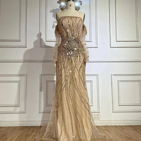 Robe de soirée de luxe style sirène dorée Arabia 2025, épaules dénudées, perles, Dubaï, pour femmes, fête de mariage, LA72404 