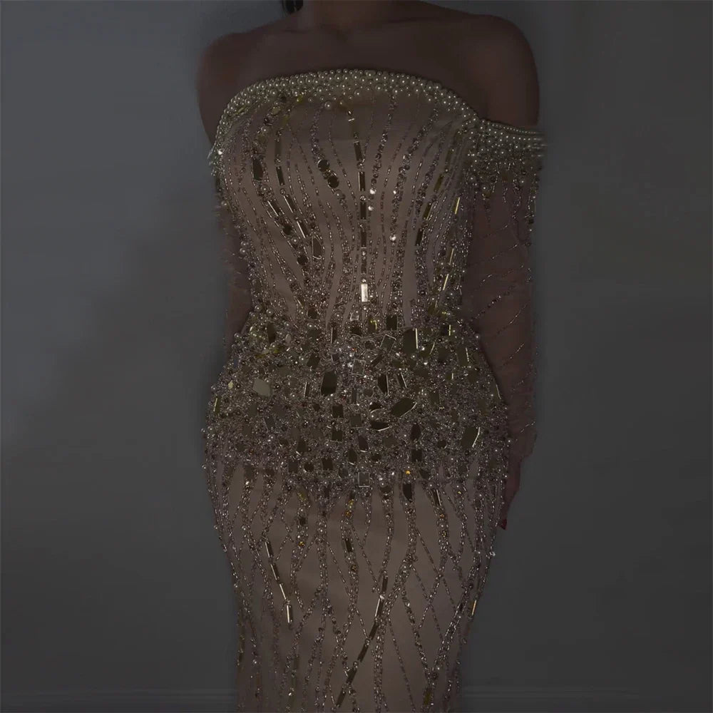 Vestidos de noche de lujo estilo sirena con cuentas doradas, estilo Dubai, para mujer, modelo LA72404 (2025) 