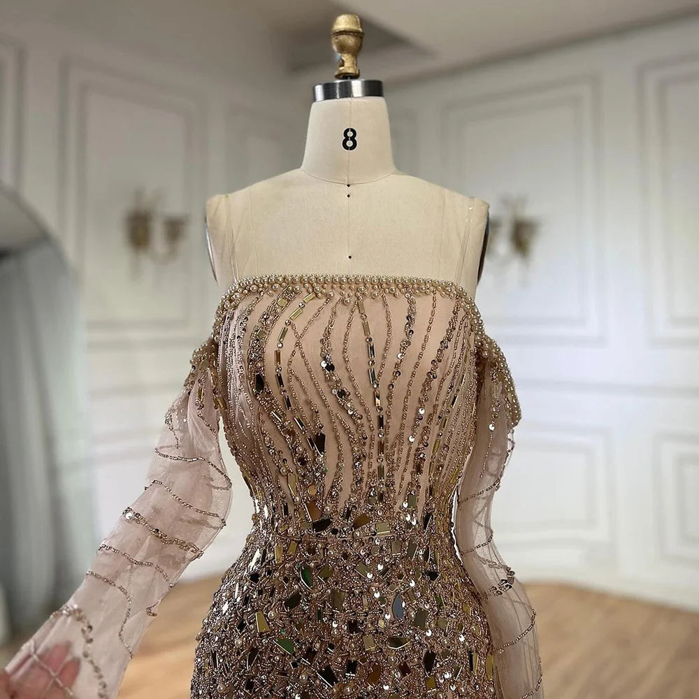Vestidos de noche de lujo estilo sirena con cuentas doradas, estilo Dubai, para mujer, modelo LA72404 (2025) 
