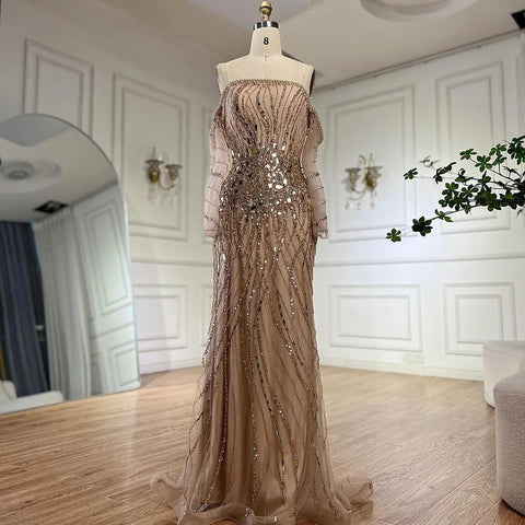Robe de soirée de luxe style sirène dorée Arabia 2025, épaules dénudées, perles, Dubaï, pour femmes, fête de mariage, LA72404 