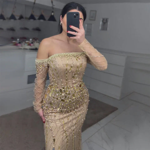 Robe de soirée de luxe style sirène dorée Arabia 2025, épaules dénudées, perles, Dubaï, pour femmes, fête de mariage, LA72404 