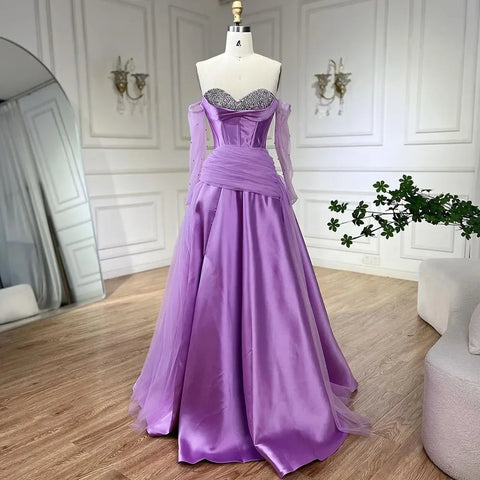 Robe de soirée de luxe en satin violet Arabia, bustier, coupe trapèze, avec gants, perles, pour mariage, LA72436, 2025 
