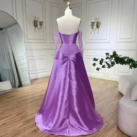 Robe de soirée de luxe en satin violet Arabia, bustier, coupe trapèze, avec gants, perles, pour mariage, LA72436, 2025 