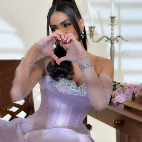 Robe de soirée de luxe en satin violet Arabia, bustier, coupe trapèze, avec gants, perles, pour mariage, LA72436, 2025 