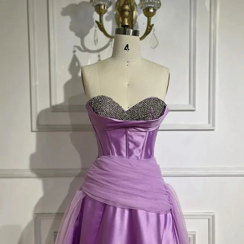 Robe de soirée de luxe en satin violet Arabia, bustier, coupe trapèze, avec gants, perles, pour mariage, LA72436, 2025 