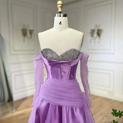 Robe de soirée de luxe en satin violet Arabia, bustier, coupe trapèze, avec gants, perles, pour mariage, LA72436, 2025 
