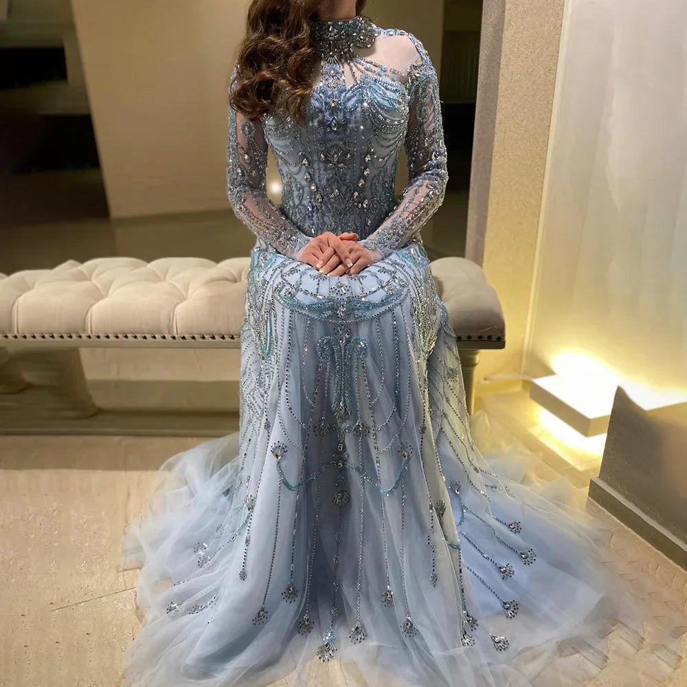 Vestidos de noche de lujo árabes de corte A, encaje azul y cuentas, para mujer, ideales para fiestas en Dubái (LA72704) 