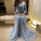 Vestidos de noche de lujo árabes de corte A, encaje azul y cuentas, para mujer, ideales para fiestas en Dubái (LA72704) 