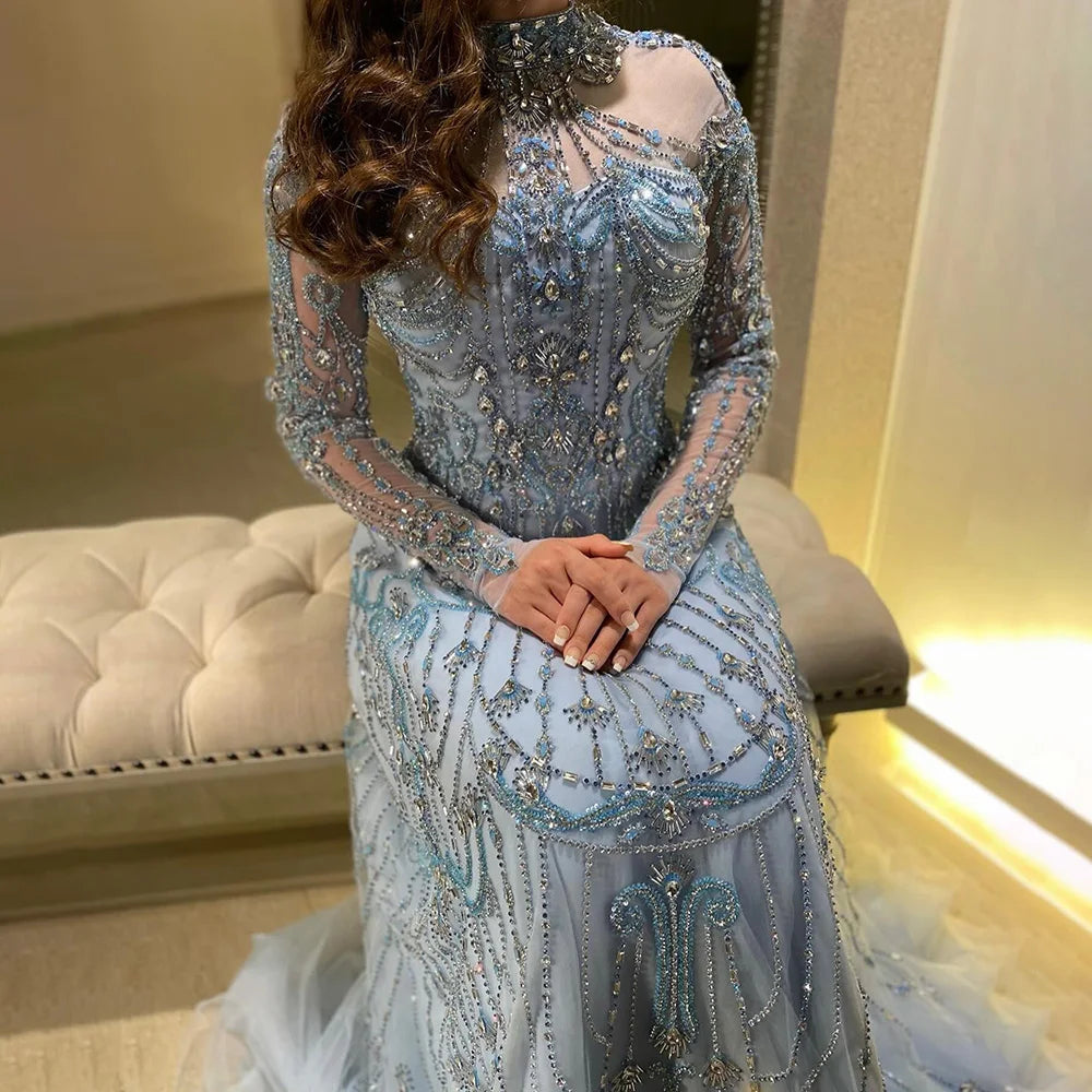 Vestidos de noche de lujo árabes de corte A, encaje azul y cuentas, para mujer, ideales para fiestas en Dubái (LA72704) 