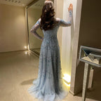 Vestidos de noche de lujo árabes de corte A, encaje azul y cuentas, para mujer, ideales para fiestas en Dubái (LA72704) 