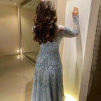 Vestidos de noche de lujo árabes de corte A, encaje azul y cuentas, para mujer, ideales para fiestas en Dubái (LA72704) 
